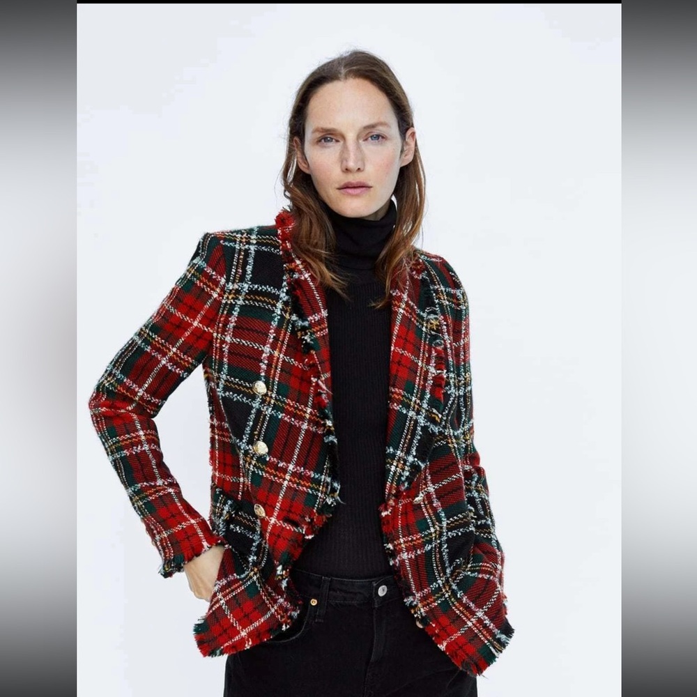 ZARA BLAZER TWEED FRAYED TRIMS RED CHECKED JACKET COAT